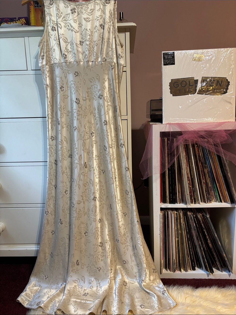 90’s Vintage Babydoll Maxi Long Gold Dress Gown Beige Floral Y2K